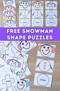 Free Printable Snowman Shape Puzzles for Kids.    This is a great math activity for toddlers and preschoolers. Learn all about 2D shapes with this fun winter themed freebie!    #winter #math #STEM #freeprintable