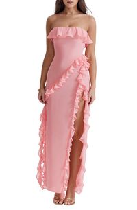 Floaty ruffles romance this luscious georgette maxi designed in a strapless silhouette with a stem-showing side vent. Exclusive retailer Strapless Lined 100% polyester Dry clean Imported