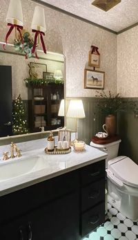 bathroom inspo christmas classy elegant green paneling 