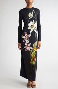 The brand's hero flower of the season, the ballet slipper orchid, makes itself elegantly apparent as the full-length front graphic on this slim-fitting long dress cut from satin-sheen jersey. Hidden back-zip closure Jewel neck Long sleeves Back slit Unlined 94% viscose, 6% elastane Dry clean Made in Italy Designer Clothing