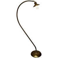 Industrial brass arc floor lamp with adjustable swivel head.