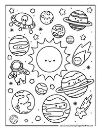 Free printable cute space themed coloring sheet for kids - Grab the easy printable PDF download along with more cute space coloring pages to keep kids busy and entertained all year long. These simple kids activities are perfect to have on hand for your classroom, for homeschool, daycare, kids at home and more. Save and print them all when you need a free and easy indoor activity for kids that is quiet and calming.