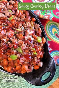 Saucy Cowboy Beans with Bacon and Beef are hearty and filling, totally rocked-out in a sweet and tangy bbq sauce.