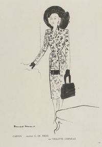 Carven P/E 1946, chapeau de Georgette de Trèze, sac à main de Violette Cornille. Illustration de Bernard Blossac.