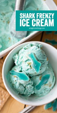 This no churn Shark Frenzy Ice Cream is easy, tasty and fun! The perfect summer treat for the kids or shark lover in your life!