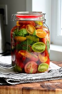 Cherry tomatoes pickled in sweet, salty, and sour brine. So good! They preserved freshness and firmness for weeks in the fridge. Try making this with heirloom cherry tomatoes.