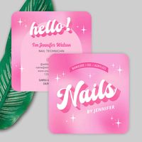 Modern nail technician business cards with girly pink colors with retro groovy style fonts that read 'Nails' and 'hello". These trendy pink nails artist business cards include space for your name, services, social media info and contact details, an easy way to make custom contact cards for your nail salon or spa.