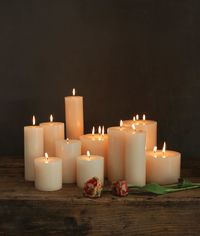 Unscented pillar candles in cream. Trim wax 1/8" before lighting Candles are not dripless Never leave candles unattended, when burning indoors keep away from air vents, ceiling fans, and flammable objects.