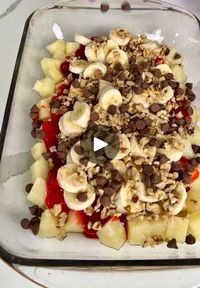 77K views · 1.4K reactions | my favorite easy dessert 😋 | my favorite easy dessert 😋

this banana split dump cake is so good! | By Kristin's Friends | Alright, y'all. This is one of
my all-time favorite easy desserts. You're going to start
off with one can of drained pineapple chunks and then on
top of that, I'm adding one can of strawberry pie filling. Now,
I have a couple sliced bananas. You put those on top as well as
some nuts. I used walnuts but y'all can use whatever kind of
nuts you'd like. I also put some chocolate chips on top and
again y'all that you can customize this to whatever you
like. Now, we take a one box of cake mix and I'm mixing this up
with one and a half sticks of melted butter and then we
going to put that right on top of our fruit, chocolate, and
nut mixture. Put