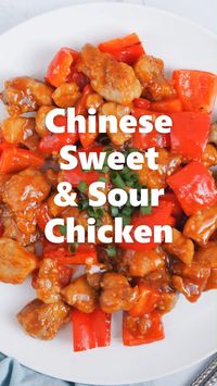 Sweet and Sour Chicken. Crispy chicken lightly coated in a sticky sweet and sour sauce. Quick and easy to make at home and not deep fried. Perfect as a side for dinner. #chicken #sweetandsourchicken #chinesechicken #dinner #meatrecipe #recipe