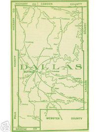 Dallas County, Missouri History and Genealogy More than 125 pages of Dallas County, Missouri history and genealogy including 52 pages family biographies plus 24 Dallas County, Missouri communities on 5 different maps including Buffalo, Louisburg, Urbana, Tunas, Plad, Celt, Charity