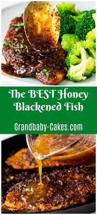 Made with Cajun Seasoning, fresh fish and a sticky, sweet honey glaze, this Blackened Fish recipe makes for the perfect Creole-inpsired dinner.  You can use anything from Tilapia to catfish, and it will taste incredible! #cajun #blackened #fish #seafood