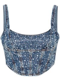 blue cotton denim rhinestone embellishment star stud embellishment seam detailing bustier-style neckline boned bodice rear zip fastening sleeveless straight hem cropped