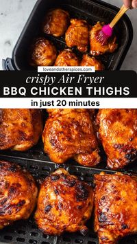 These Air Fryer BBQ Chicken Thighs come out crispy and juicy in 20 minutes without the need to fire up the grill. They're perfectly seasoned and slathered with plenty of barbecue sauce for a delicious chicken meal.