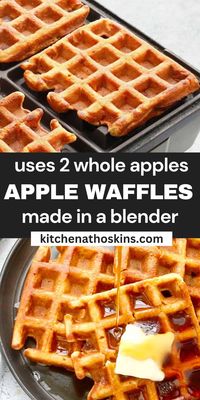 Apple Waffles recipe uses two whole apples and the batter is made easily in a blender. Made using healthy ingredients like rolled oats, eggs, milk, and butter, or coconut oil, it makes a healthy fall breakfast.