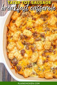 Tater Tot Sausage Breakfast Casserole - great make ahead recipe! Sausage, cheddar cheese, tater tots, eggs, milk, garlic, onion and black pepper. Can refrigerate or freeze for later. Great for breakfast. lunch or dinner. Everyone loves this easy breakfast casserole!!