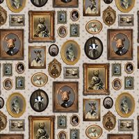 From the designer Charlotte Cory this quirky Victorian inspired extravagance with its ornate frames and animals in costumes. Just who is watching who  Shown here with the taupe background. Note that design has a very long pattern repeat of 1 metre or 39 inches with an offset match.