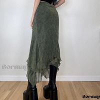 Bormay - Irregular Hemline Midi Skirt in Solid Color with Green Chiffon Overlay