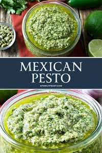 Mexican Pesto combines fresh cilantro, garlic, pepitas, Cotija cheese, jalapeno peppers, olive oil, and other seasonings into a zesty, creamy pesto.