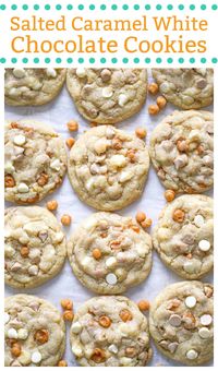 Easy chewy salted caramel white chocolate cookies with an amazingly soft cookie! So yummy, you can't stop at just one! Salted Caramel White Chocolate Cookies are perfect for holidays, parties and when you are craving sweet and salty together! #caramel #saltedcaramel #cookies #whitechocolatechip #christmascookies #saltedcaramelwhitechocolatecookies #cookieswithcaramel #cookieswithwhitechocolate