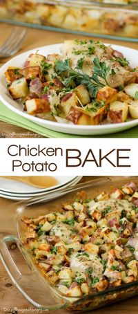 Chicken Potato Bake is like a chicken potato casserole tossed in garlic and olive oil, baked to a golden brown and topped with melty, cheese. It's my go-to recipe for when I need inexpensive, no-fuss, quick dinner ideas! #chickenpotatobake #chickenpotatocasserole #bakedchickenandpotatoes #easydinnerecipe #dizzybusyandhungry