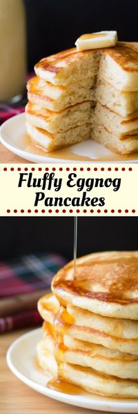 These thick, fluffy Eggnog Pancakes are the perfect for holiday breakfast for eggnog lovers. Don't wait til Christmas for these delicious pancakes! #eggnogpancakes #eggnog #pancakes