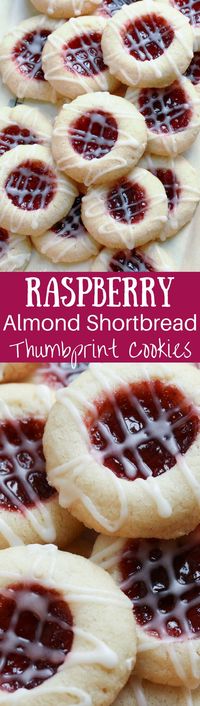 Raspberry Almond Shortbread Thumbprint Cookies - a tender shortbread cookie packed with raspberry jam and topped with a simple almond icing.