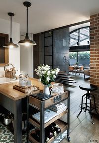 Work bench inspiration: butcher block top, dark legs, white marble slab in exchange for the sink + matching cart