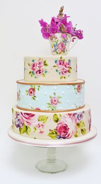 Romantic three tier wedding cake (by Amelia's House), hand painted to look like vintage china.