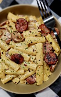 Smoked Sausage & Mozzarella Pasta - A very simple weeknight supper loaded with smoked sausage, rigatoni pasta and a creamy mozzarella sauce.