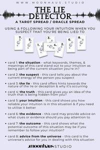 tarot spreads (or oracle spreads) can help any situation. even when you’re being lied to & your intuition is needed to help you. maybe it’s lies within a friendship, family, romantic relationship, twin flame, or soulmate. either way this tarot spread will give clarity,  answers, advice, & guidance. use the card prompts as tarot journal prompts. beginner friendly.
