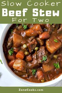 This crockpot beef stew is easy and tastes amazing. A hearty bowl of slow cooker beef stew on a cold fall or winter day is one of the best ways to warm up. Tender cubed stew meat is slow cooked with onion, carrots, potato, mushrooms, peas, and savory seasonings. This is the perfect amount for two and makes a great dinner or lunch with no pre-browning required. #BeefStew #SlowCooker #Crockpot #DinnerForTwo #LunchForTwo #beef #stew #RecipesForTwo via @ZonaCooks