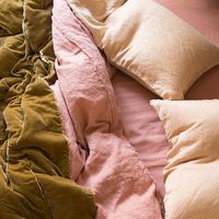 Paloma Standard Pillowcases in Rouge, Austin Queen Duvet Cover in Rosegold, Linen Fitted Sheet in Rosegold, Carmen Personal Comforter in Honeycomb