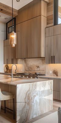 A stylish kitchen design with natural wood and stone finish and ample storage space. The elegant kitchen design boasts a seamless blend of functionality and luxury.