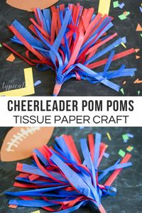 Tissue paper crafts are great for practicing scissors skills, plus it is such an inexpensive craft supply that can be used for so many craft projects. The kids can show their spirit by making these simple tissue paper cheerleader pom poms in their favorite team colors! #football #craftsforkids #tissuepapercrafts #kidspiration #simplecrafts #teamspirit #typicallysimple