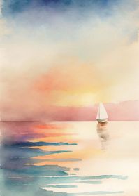 Serenity sunset seascape watercolor with sailboat. Minimalist style, captures nature's beauty. Experience the tranquility of nature with this minimalist watercolor seascape painting. Featuring a serene sunset with a lone sailboat on the horizon, it reflects the warm colors of the sky and water, highlighting the vastness and beauty of nature. Soft brush strokes and a minimal color palette capture the scene's peacefulness, bringing a sense of calm to any space. Perfect for those who appreciate nat