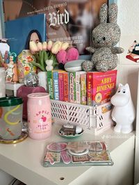 Clean girl nightstand bunny flower books aesthetic organizer organization pink light