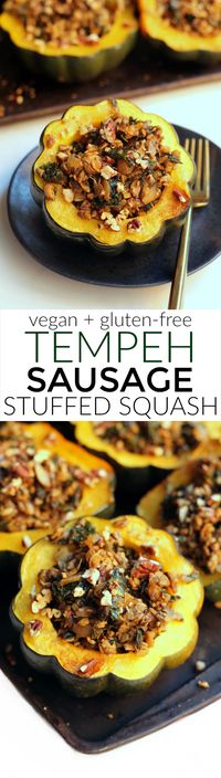 Enjoy this flavorful Tempeh Sausage Stuffed Squash as a healthy meatless meal any night of the week! Vegan, gluten-free, and carnivore-approved!