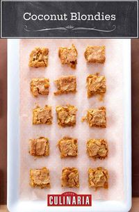 Sweet! Gooey! Easy! Yum! Those are just a few of the lovely things we're hearing about these coconutty beauties. Taste for yourself. #squares #blondies #baking #dessert