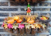 munchkin pumpkins. fake leaves from the works. and some forages pinecone and conkers