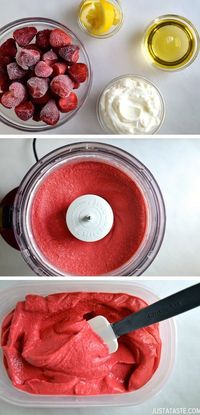 BLISS! | healthy + quick frozen strawberry yogurt. I swapped the strawberries for a frozen summer fruits berry mix.