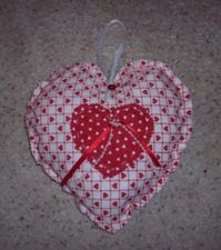 heart pillow stuffed wall hanging with fabric, ribbon, and buttons