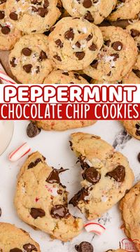 Peppermint Chocolate Chip Cookies are made with crushed candy canes, pudding mix, peppermint extract, and chocolate chips. These soft and chewy cookies are perfect for the holidays!