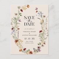 This stylish & elegant wedding save-the-date announcement postcard features gorgeous hand-painted watercolor wildflowers arranged as a lovely bouquet perfect for spring, summer, or fall weddings. Find matching items in the Boho Wildflower Wedding Collection.