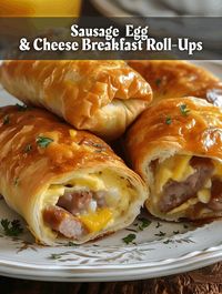 Sausage, Egg and Cheese Breakfast Roll-Ups Hearty Crescent Roll-Ups with Sausage, Egg, and Cheese  ￼  Ingredients: 5 eggs 1 can (8 oz) Pillsbury™ refrigerated crescent dinner rolls 8 sausage links 4 slices Cheddar cheese Salt and pepper to taste  Directions: Preheat the oven to 350°F. In a small bowl, beat the eggs, reserving 2 tablespoons for brushing on the crescent rolls later. Scramble the remaining eggs. Unroll the dough on a work surface and separate into 8 triangles. Cut each cheese slice in half and place one half on each triangle. Top each with a spoonful of scrambled eggs and one sausage link. Loosely roll up the triangles and place them on an ungreased cookie sheet. Brush the tops with the reserved beaten eggs and sprinkle with salt and pepper. Bake for 15 to 18 minutes or until