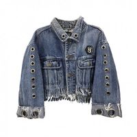 EYELET FRINGE DENIM JACKET ($330) ❤ liked on Polyvore featuring outerwear, jackets, blue denim jacket, jean jacket, eyelet jacket, fringe jackets and denim jacket