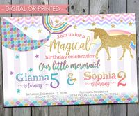 Mermaid and Unicorn Invitation, Mermaid and Unicorn Birthday Invitation, Sibling Invitation, Twin Invitation, Digital File or Printed, #510 by PerfectPrintableCo on Etsy