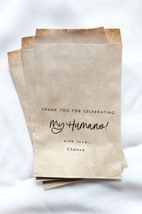 5" x 7.5" kraft brown favor bag, with laser printed "Thank you for celebrating my humans!" lettering and custom text below (with love, *pet's name*). Please leave pet's name, or any other 2 lines of text, in the personalization box. Perfect for dog or cat themed wedding favor bags! **Note: Bags are unlined and are NOT GREASE PROOF! Because there is no wax, they are fully recyclable!  A digital proof will be sent to you via Etsy messages for review and approval prior to production. Please keep an