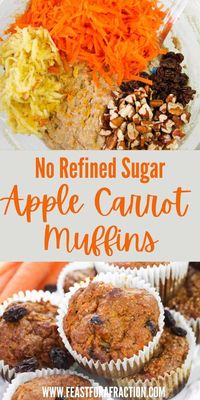 These Apple Carrot muffins are the perfect freezer-friendly portable breakfast or snack. Full of fruits, vegetables and nuts, they will keep you full all morning with no refined sugar.