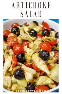 This artichoke salad is a simple and tasty side dish that’s great for picnics, barbecues and potlucks. In this recipe, canned artichokes are combined with black olives, grape tomatoes and sliced onions. #artichokesalad #coldsalads #sidedishes #cook2eatwell